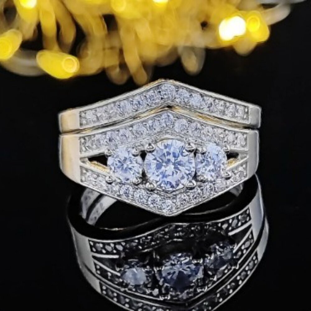 "2 pcs 925 Sterling Silver Plated Retro Carved Luxury Fashion RingSet, U… - Picture 1 of 5